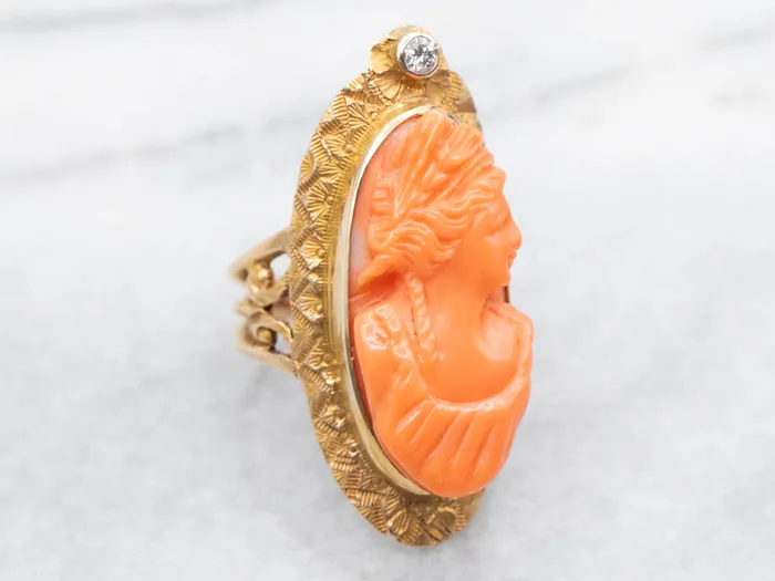 Rings Market Square Jewelers Victorian Revival Carved Coral Cameo and Diamond Ring