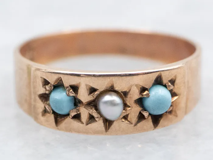 Rings Rose Gold Seed Pearl and Turquoise Baby Ring Market Square Jewelers