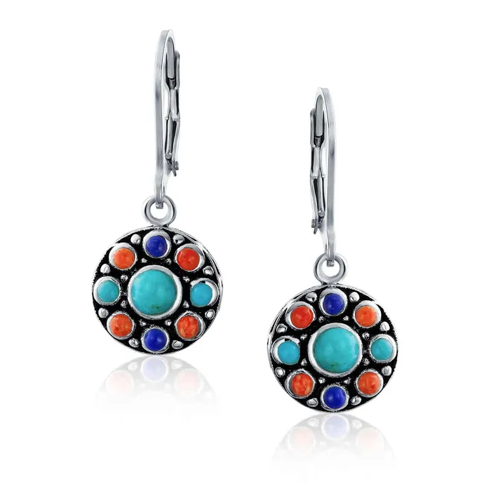 Southwestern Dangle Gemstone Earrings with Lapis Turquoise and Coral in Silver BlingJewelry Wholesale Earrings