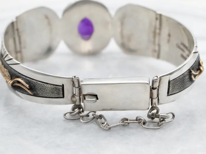 Sterling Silver and Gold Fill Amethyst Panel Link Bracelet with Native American Kokopelli Figures and Feathers Market Square Jewelers Bracelets
