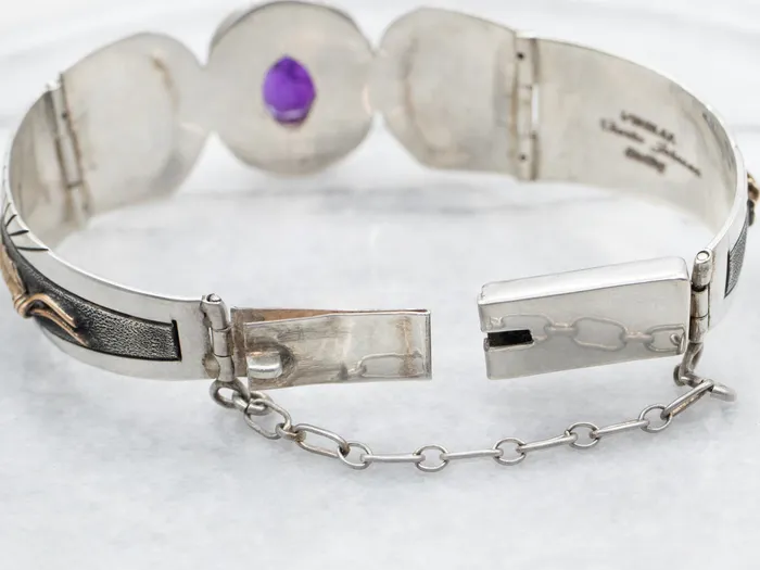 Sterling Silver and Gold Fill Amethyst Panel Link Bracelet with Native American Kokopelli Figures and Feathers Market Square Jewelers Bracelets