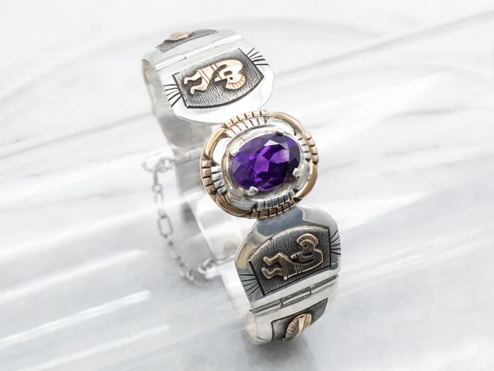 Sterling Silver and Gold Fill Amethyst Panel Link Bracelet with Native American Kokopelli Figures and Feathers Market Square Jewelers Bracelets