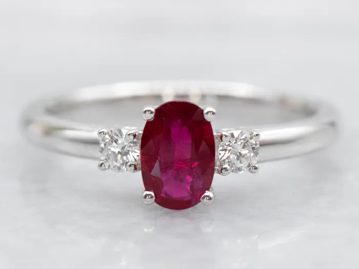 Three Stone Modern Ruby and Diamond Engagement Ring Market Square Jewelers Rings