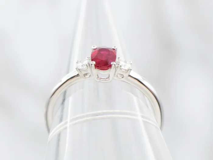 Three Stone Modern Ruby and Diamond Engagement Ring Market Square Jewelers Rings