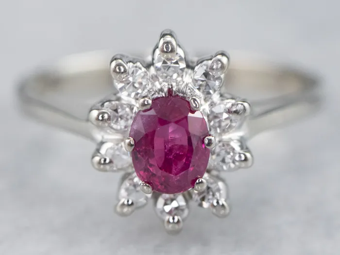 White Gold Ruby and Diamond Halo Ring Market Square Jewelers Rings