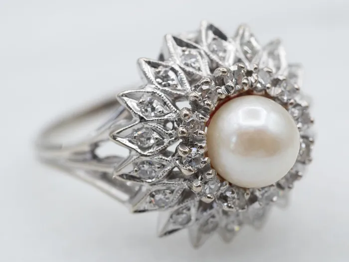 White Pearl and Diamond Cluster Ring Market Square Jewelers Rings