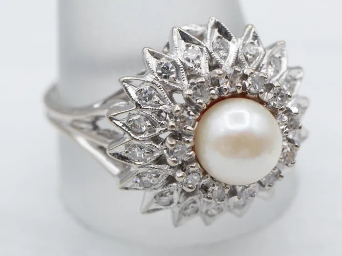 White Pearl and Diamond Cluster Ring Market Square Jewelers Rings White Pearl and Diamond Cluster Ring Market Square Jewelers Rings