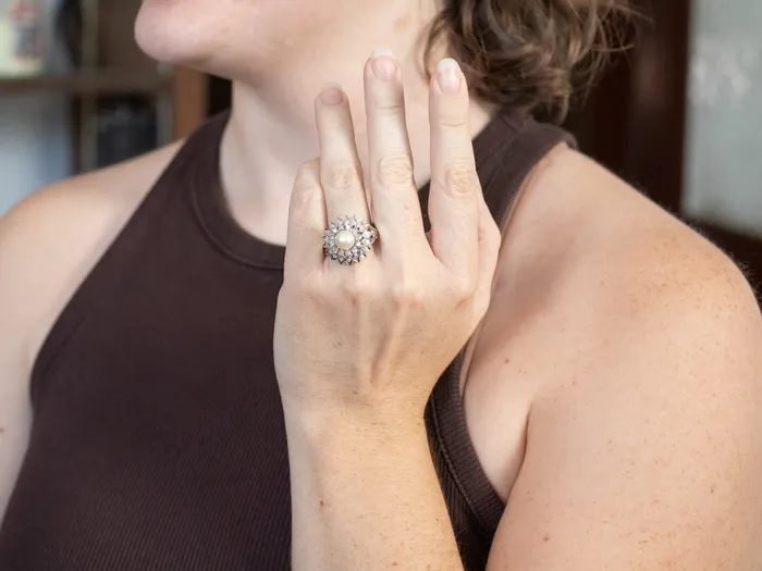 White Pearl and Diamond Cluster Ring Market Square Jewelers Rings White Pearl and Diamond Cluster Ring Market Square Jewelers Rings