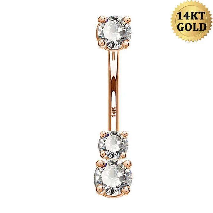 14K Real Rose Gold Belly Ring 14G Three Round Solitaire CZ Navel Ring OUFER BODY JEWELRY Rings 14K Real Rose Gold Belly Ring 14G Three Round Solitaire CZ Navel Ring OUFER BODY JEWELRY Rings