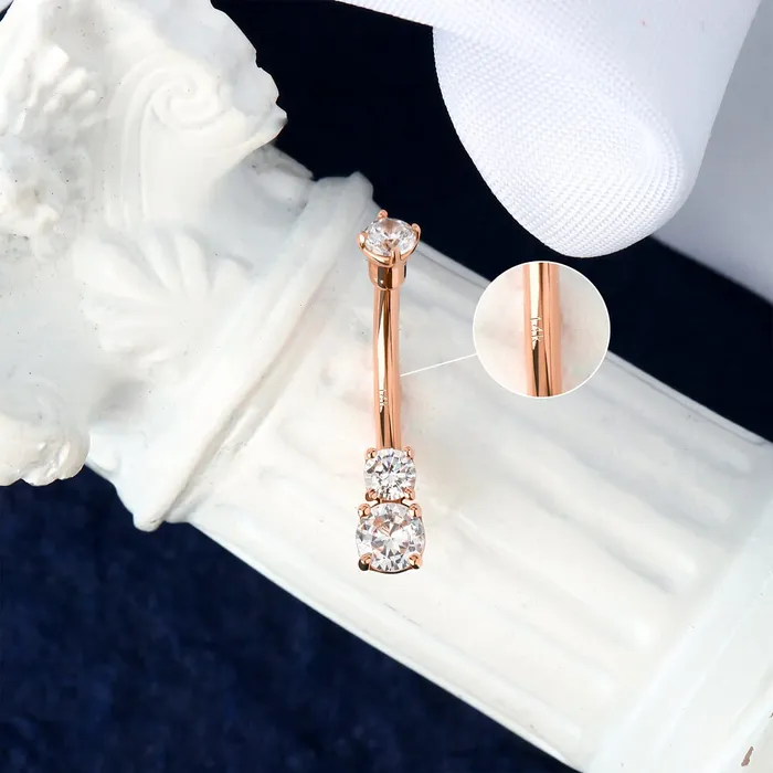 14K Real Rose Gold Belly Ring 14G Three Round Solitaire CZ Navel Ring OUFER BODY JEWELRY Rings 14K Real Rose Gold Belly Ring 14G Three Round Solitaire CZ Navel Ring OUFER BODY JEWELRY Rings
