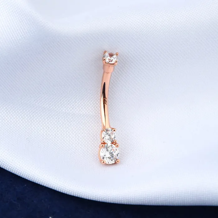 14K Real Rose Gold Belly Ring 14G Three Round Solitaire CZ Navel Ring OUFER BODY JEWELRY Rings 14K Real Rose Gold Belly Ring 14G Three Round Solitaire CZ Navel Ring OUFER BODY JEWELRY Rings