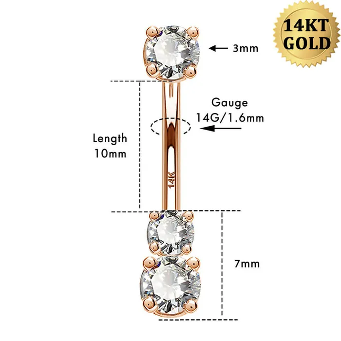 14K Real Rose Gold Belly Ring 14G Three Round Solitaire CZ Navel Ring OUFER BODY JEWELRY Rings 14K Real Rose Gold Belly Ring 14G Three Round Solitaire CZ Navel Ring OUFER BODY JEWELRY Rings