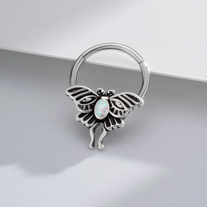 16G Retro Opal Moon Phase Moth Hinged Segment Septum Ring OUFER BODY JEWELRY Rings 16G Retro Opal Moon Phase Moth Hinged Segment Septum Ring OUFER BODY JEWELRY Rings
