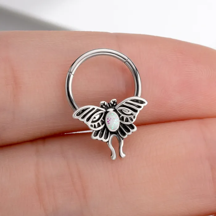 16G Retro Opal Moon Phase Moth Hinged Segment Septum Ring OUFER BODY JEWELRY Rings 16G Retro Opal Moon Phase Moth Hinged Segment Septum Ring OUFER BODY JEWELRY Rings