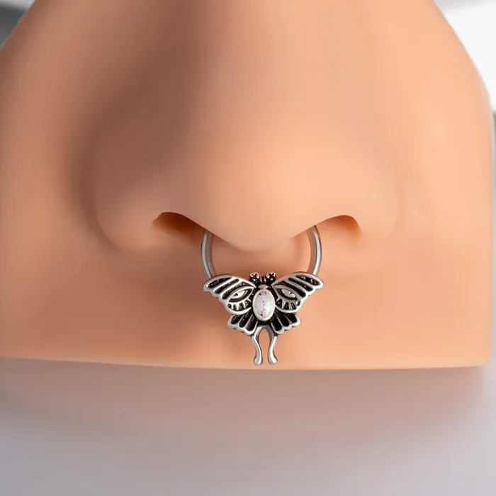 16G Retro Opal Moon Phase Moth Hinged Segment Septum Ring OUFER BODY JEWELRY Rings 16G Retro Opal Moon Phase Moth Hinged Segment Septum Ring OUFER BODY JEWELRY Rings