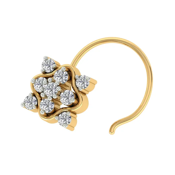 18k Yellow Gold Round Brilliant Cut Unique Diamond Nose Pin with Wire of 005 Carat Gold Palace Necklaces