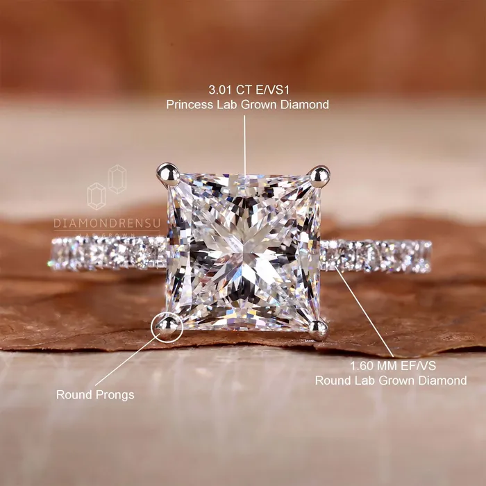 3 Carat Princess Cut Lab Grown Diamond Engagement Ring for Women Diamondrensu Rings