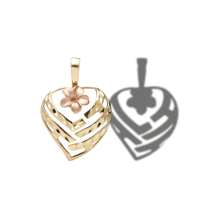 Aloha Heart Plumeria Pendant in Two Tone Gold 18mm Maui Divers Jewelry Rings