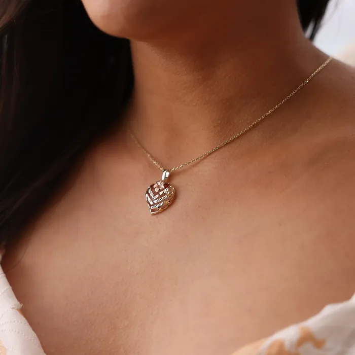 Aloha Heart Plumeria Pendant in Two Tone Gold 18mm Maui Divers Jewelry Rings