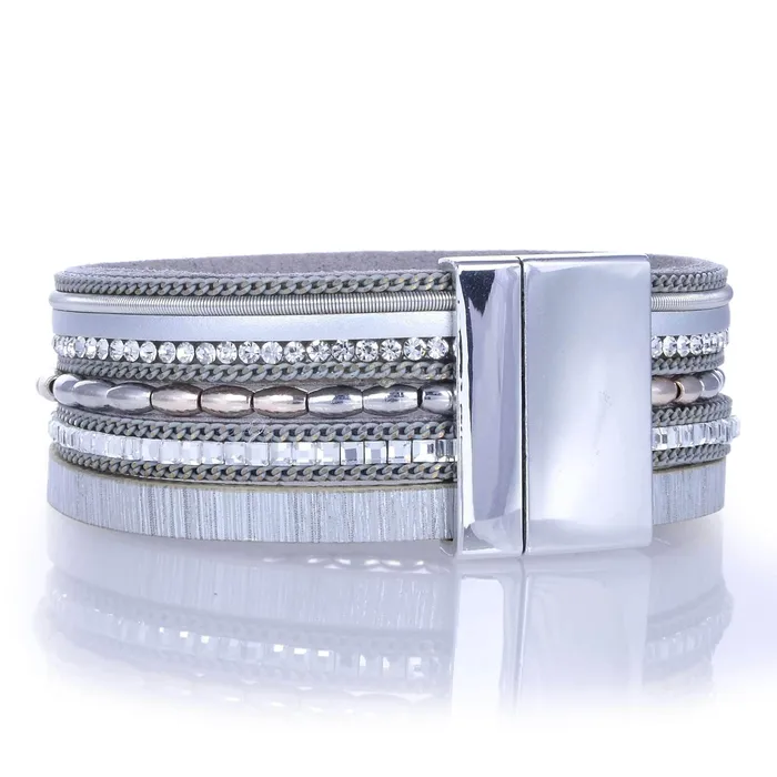 Bracelets Alexander Kalifano Multiple Layer Leather Strand Bracelet Silver With Magnetic Clasp