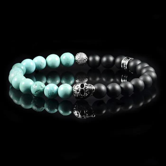 Bracelets Invicta Jewelry Crucible Skull Stretch Bracelet with 8mm Matte Black Onyx and Genuine Turquoise Onyx Beads Bracelets Invicta Jewelry Crucible Skull Stretch Bracelet with 8mm Matte Black Onyx and Genuine Turquoise Onyx Beads