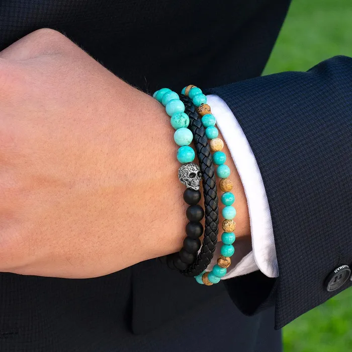 Bracelets Invicta Jewelry Crucible Skull Stretch Bracelet with 8mm Matte Black Onyx and Genuine Turquoise Onyx Beads