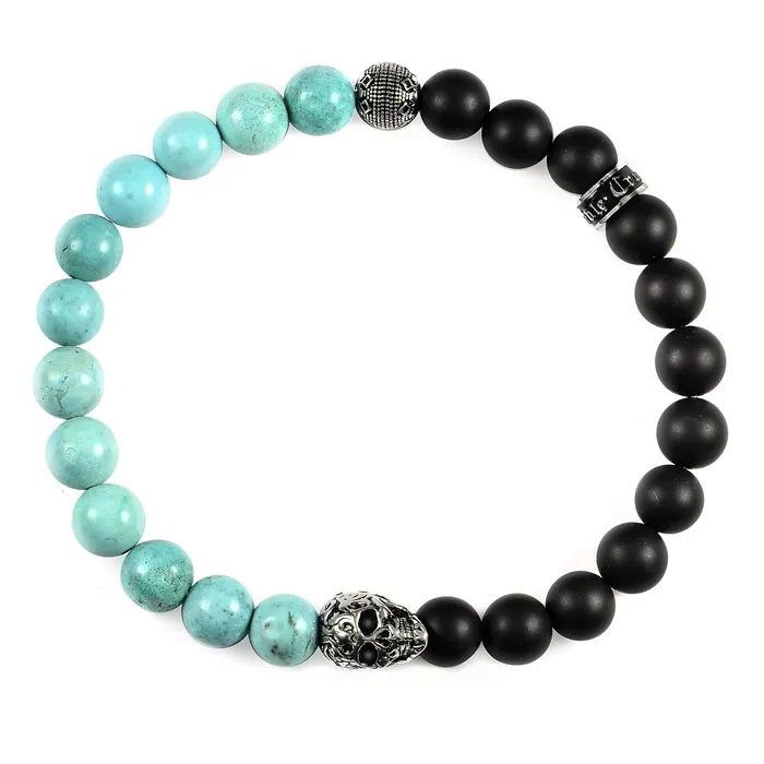 Bracelets Invicta Jewelry Crucible Skull Stretch Bracelet with 8mm Matte Black Onyx and Genuine Turquoise Onyx Beads