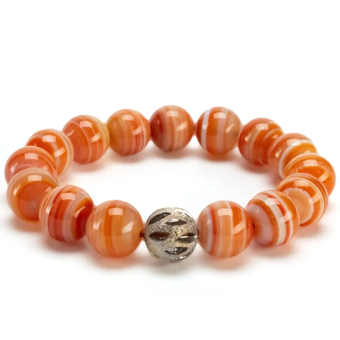Bracelets Kalifano Polished Banded Carnelian 12mm Gemstone Bead Elastic Bracelet with Silver Accent Bead Bracelets Kalifano Polished Banded Carnelian 12mm Gemstone Bead Elastic Bracelet with Silver Accent Bead