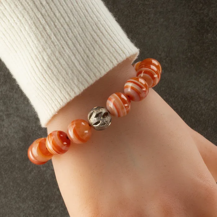 Bracelets Kalifano Polished Banded Carnelian 12mm Gemstone Bead Elastic Bracelet with Silver Accent Bead
