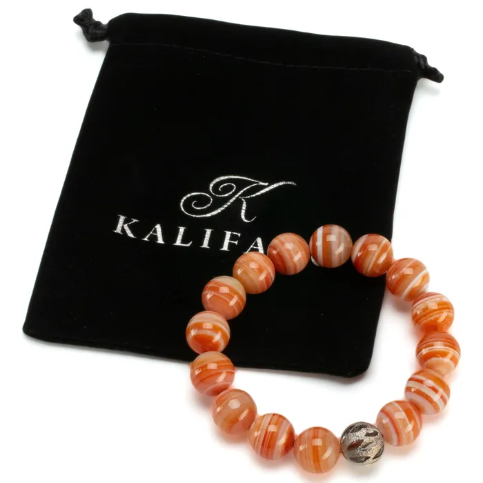 Bracelets Kalifano Polished Banded Carnelian 12mm Gemstone Bead Elastic Bracelet with Silver Accent Bead