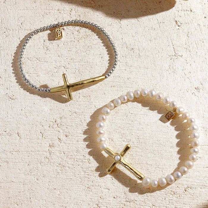 Bracelets Waxing Poetic Poetic Cross Pearl Stretch Bracelet
