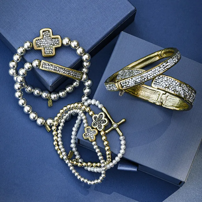 Bracelets Waxing Poetic Poetic Cross Pearl Stretch Bracelet