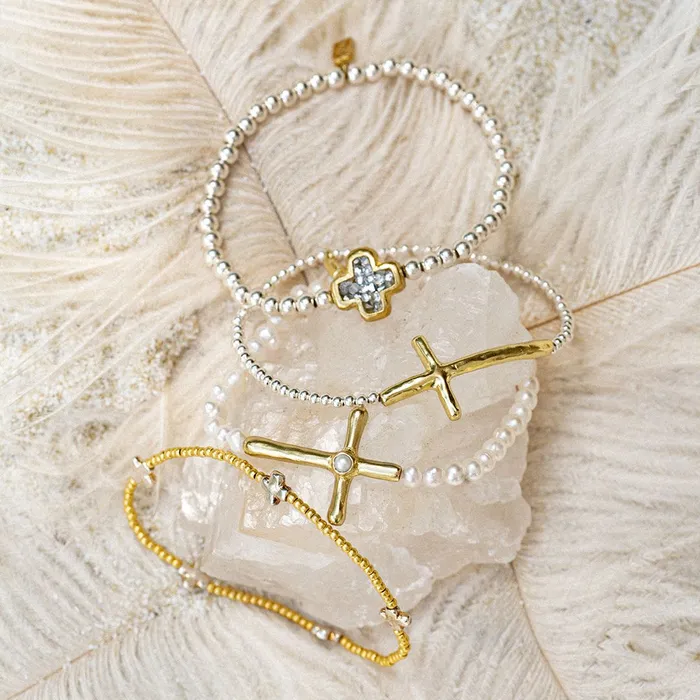 Bracelets Waxing Poetic Poetic Cross Pearl Stretch Bracelet