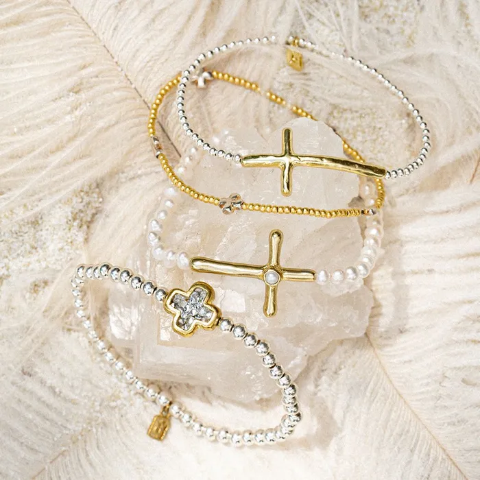 Bracelets Waxing Poetic Poetic Cross Pearl Stretch Bracelet