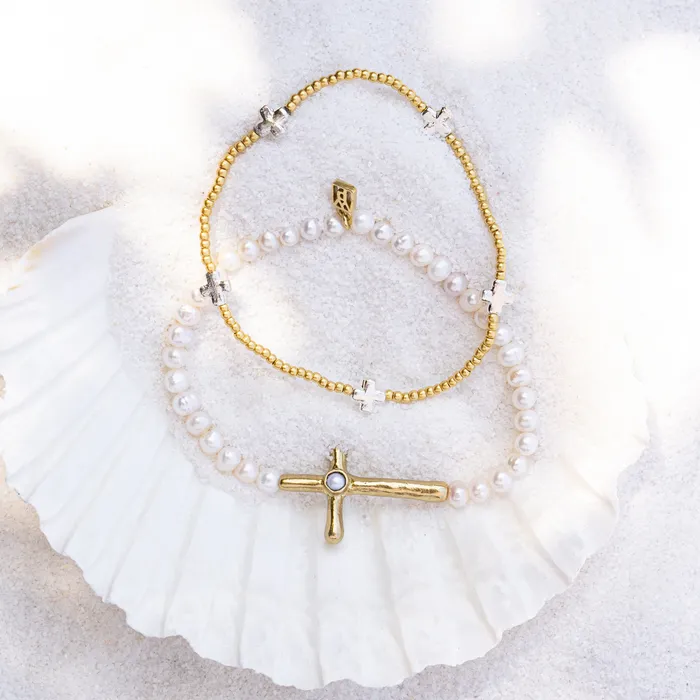 Bracelets Waxing Poetic Poetic Cross Pearl Stretch Bracelet