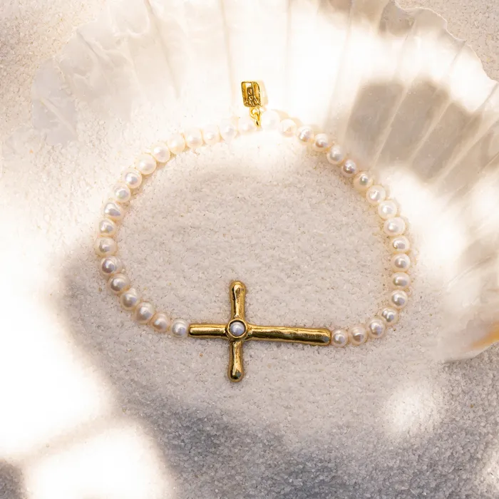 Bracelets Waxing Poetic Poetic Cross Pearl Stretch Bracelet
