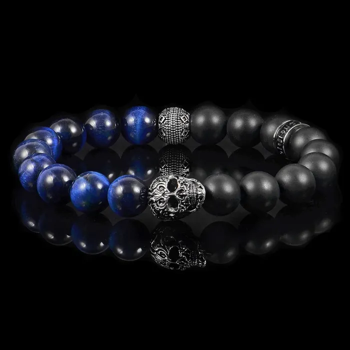 Crucible Skull Stretch Bracelet with 10mm Matte Black Onyx and Blue Tiger Eye Beads Invicta Jewelry Bracelets Crucible Skull Stretch Bracelet with 10mm Matte Black Onyx and Blue Tiger Eye Beads Invicta Jewelry Bracelets