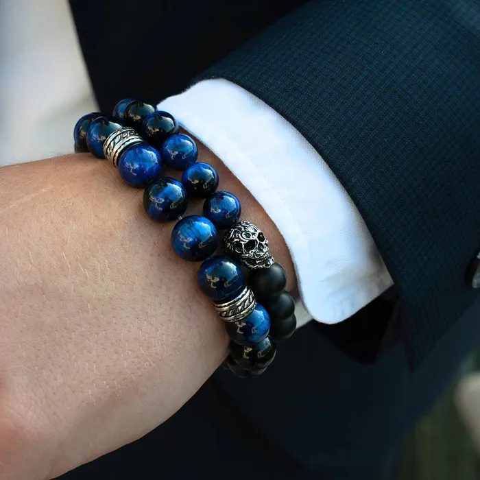 Crucible Skull Stretch Bracelet with 10mm Matte Black Onyx and Blue Tiger Eye Beads Invicta Jewelry Bracelets