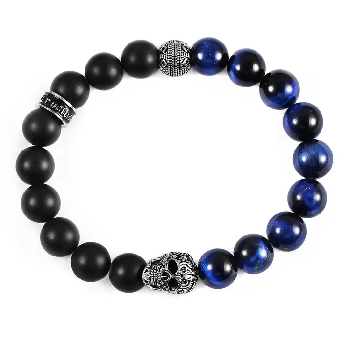 Crucible Skull Stretch Bracelet with 10mm Matte Black Onyx and Blue Tiger Eye Beads Invicta Jewelry Bracelets