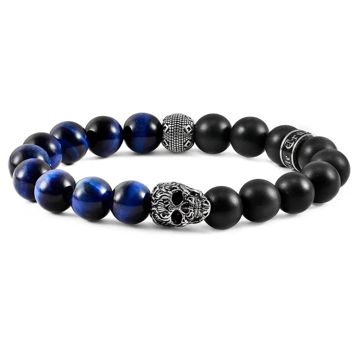 Crucible Skull Stretch Bracelet with 10mm Matte Black Onyx and Blue Tiger Eye Beads Invicta Jewelry Bracelets