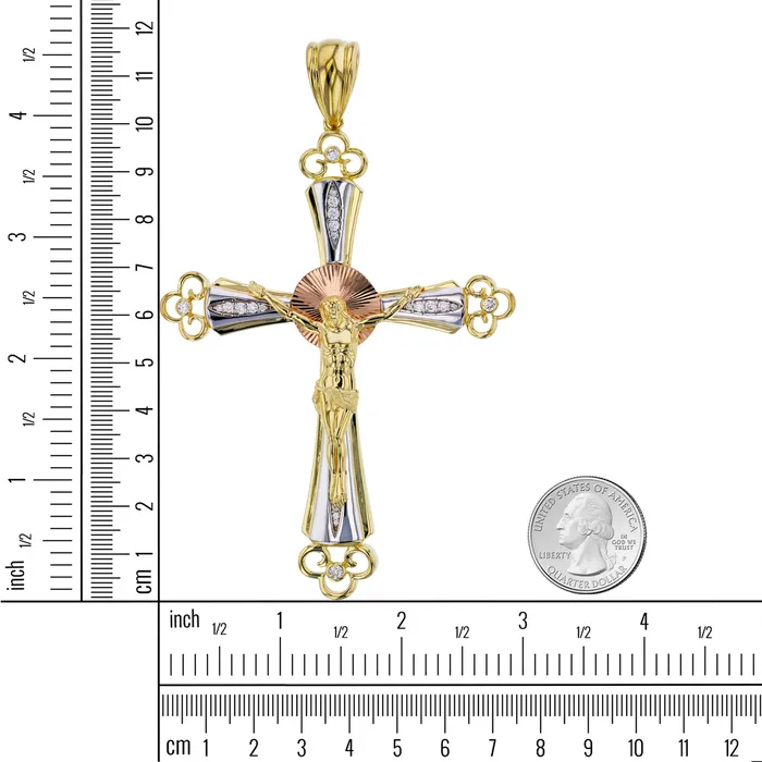 DecadenceJewelry 14K Tricolor Gold 118x75MM Jesus Cross Pendant Necklaces