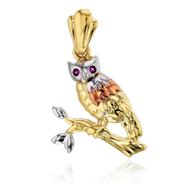 DecadenceJewelry PreStyled Sets 14K Tricolor Gold 28x18MM Ruby Owl Pendant