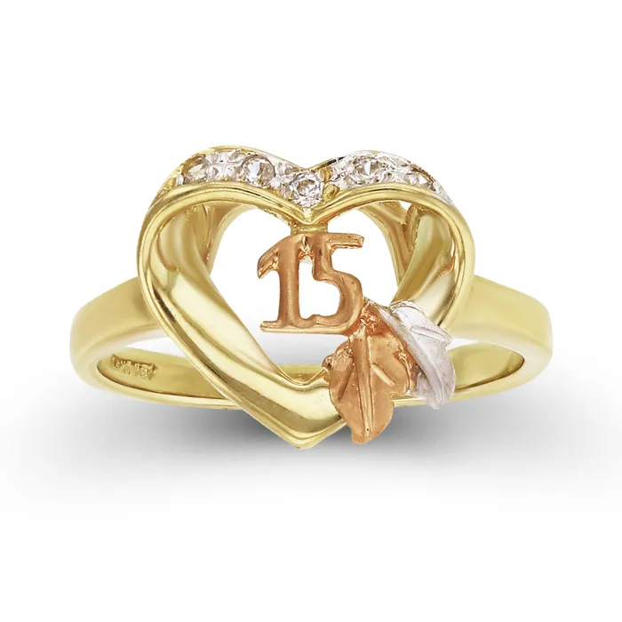 DecadenceJewelry Rings 14K Tricolor Gold Polished Satin 15 Quinceanera Clear Cubic Zirconia Heart Ring DecadenceJewelry Rings 14K Tricolor Gold Polished Satin 15 Quinceanera Clear Cubic Zirconia Heart Ring