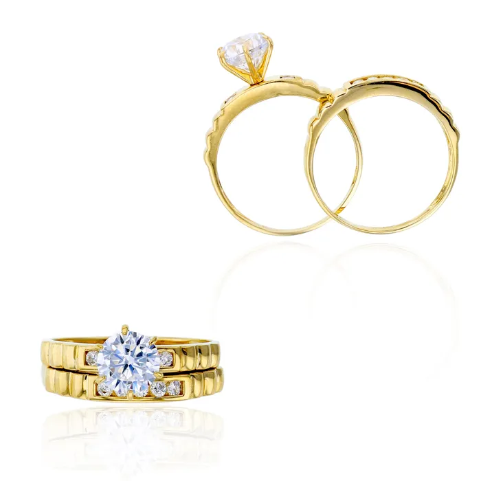 DecadenceJewelry Rings 14K Yellow Gold 65mm Round Cut Prong Set Micropave Wavy Sides Wedding Duo Ring DecadenceJewelry Rings 14K Yellow Gold 65mm Round Cut Prong Set Micropave Wavy Sides Wedding Duo Ring