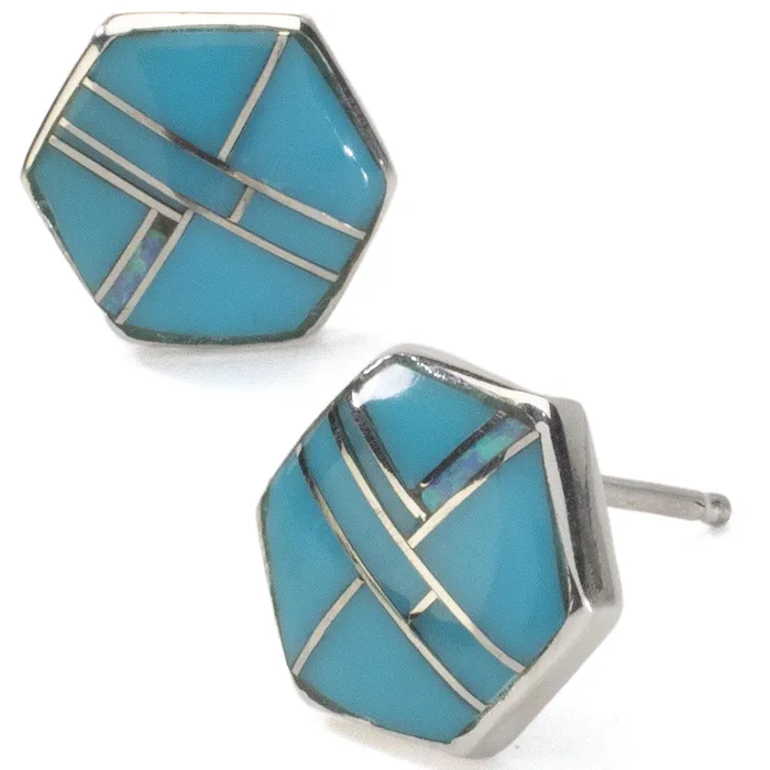 Denim Lapis Hexagon Earrings Handmade with Sterling Silver and Opal Accent Kalifano Earrings