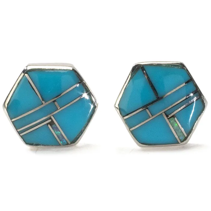 Denim Lapis Hexagon Earrings Handmade with Sterling Silver and Opal Accent Kalifano Earrings
