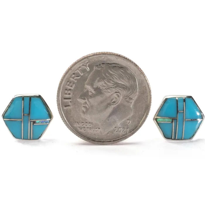 Denim Lapis Hexagon Earrings Handmade with Sterling Silver and Opal Accent Kalifano Earrings