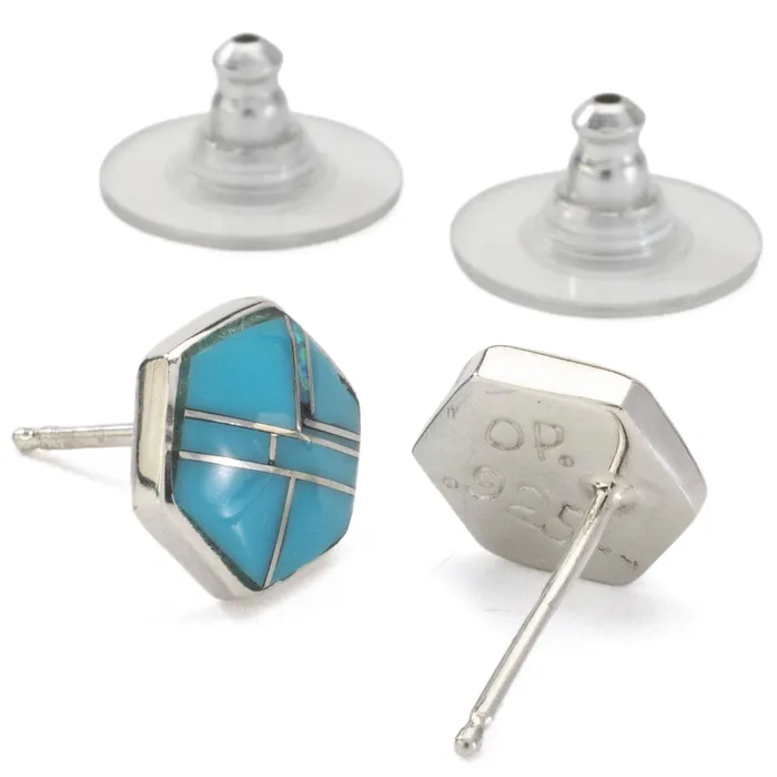 Denim Lapis Hexagon Earrings Handmade with Sterling Silver and Opal Accent Kalifano Earrings