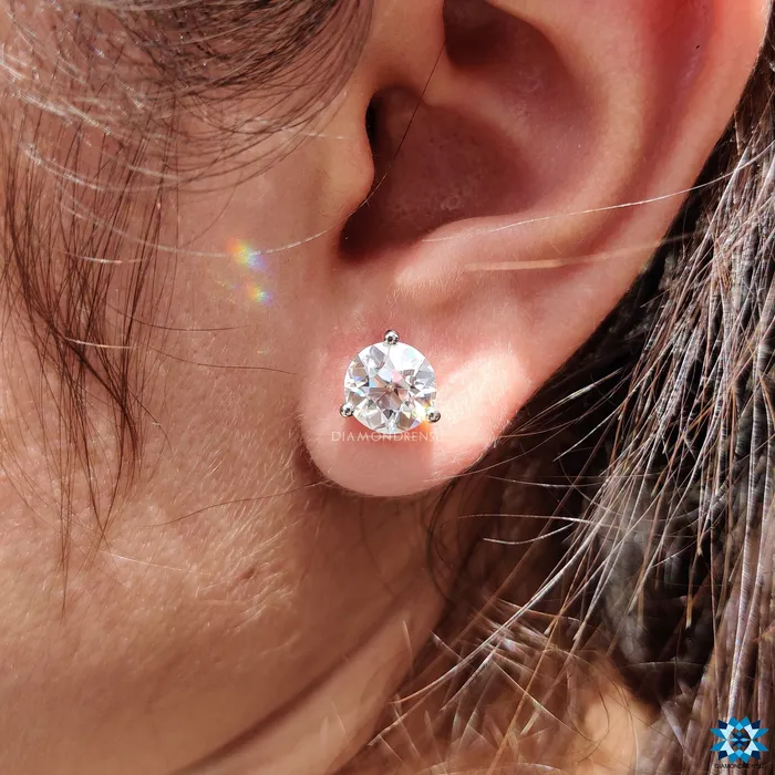 Diamondrensu Earrings Three Prong Martini Round Old European Cut Moissanite Stud Earrings