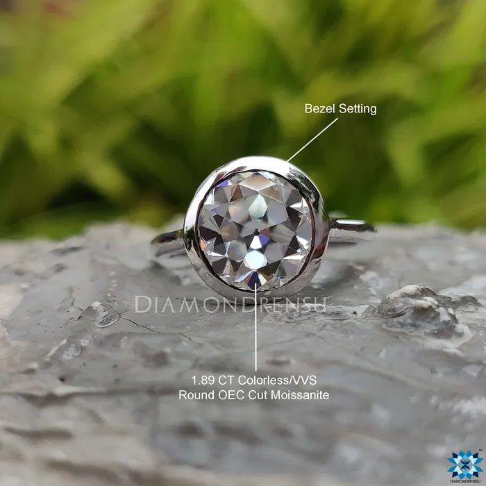 Diamondrensu Rings 189 CT Round Old European Cut Bezel Set Moissanite Solitaire Ring Diamondrensu Rings 189 CT Round Old European Cut Bezel Set Moissanite Solitaire Ring